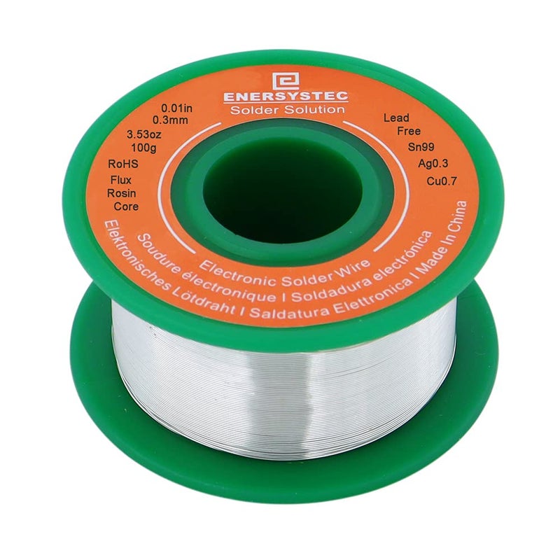 E ENERSYSTEC Ultra Thin Solder Wire Lead Free Rosin Core Flux Alloy Soldering 0.01in 0.3mm 100g Sn99 Ag0.3 Cu0.7 Flow 100g for Electronics Soldering Electrical Solder - Image 1